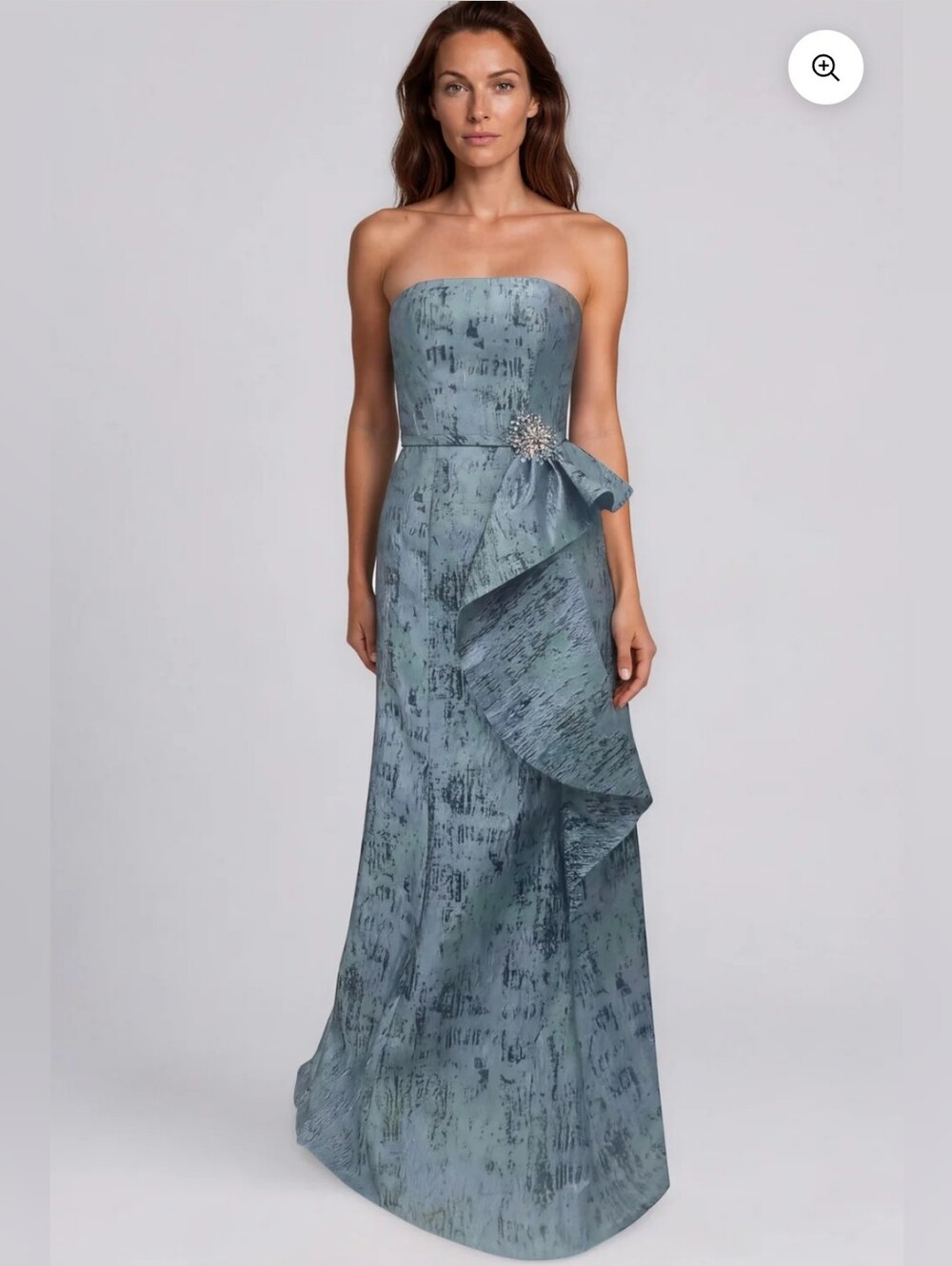 Rene Ruiz Strapless Slate Blue Evening Gown with Side Ruffle and Brooch